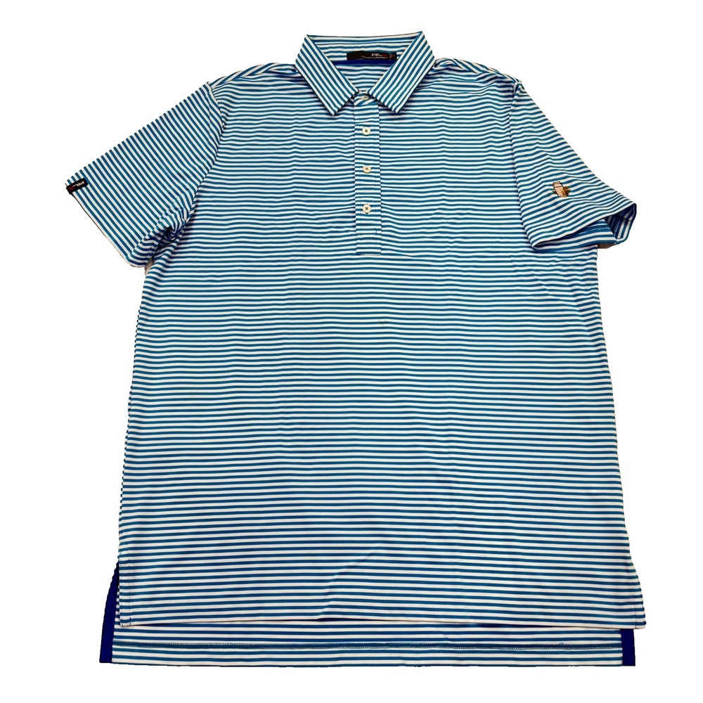 RLX Ralph Lauren Polo Shirt L Large Blue Stripe Casual Golf Logo Mens